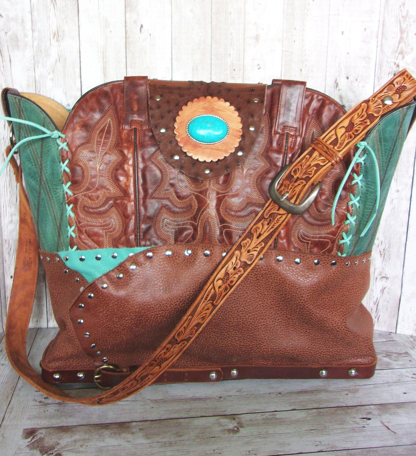 Cowboy Boot Laptop Tote LT39 handcrafted from cowboy boots. Shop Luggage & Bags at ChrisThompsonBags.com and buy the best boot purse, cowboy boot purse, cowgirl handbag, leather laptop tote, recycled cowboy boots, unique gift for her, unique gift for him, unique travel bag, western diaper bag, western laptop tote, western travel bag, XL cowboy Boot Purse, XL leather tote at Chris Thompson Bags.